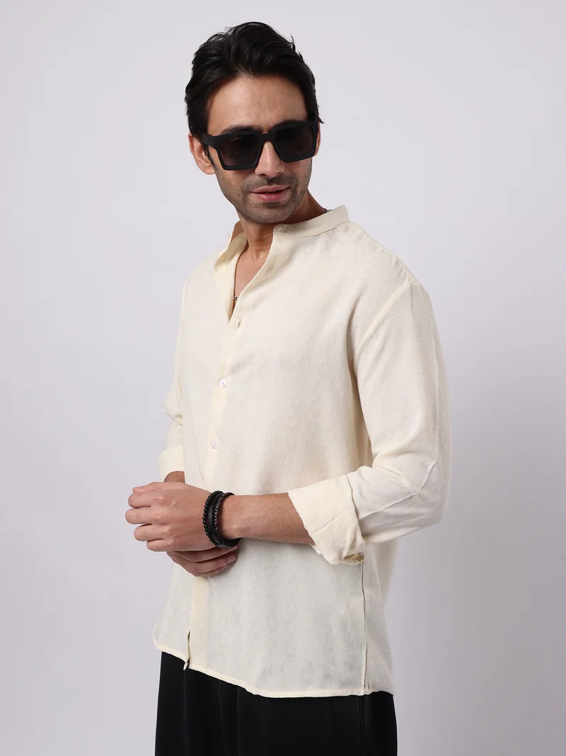 مانياك Maniac Mens Solid Chinese Collar Full Sleeve Soft Twill Fabric Cream Shirt